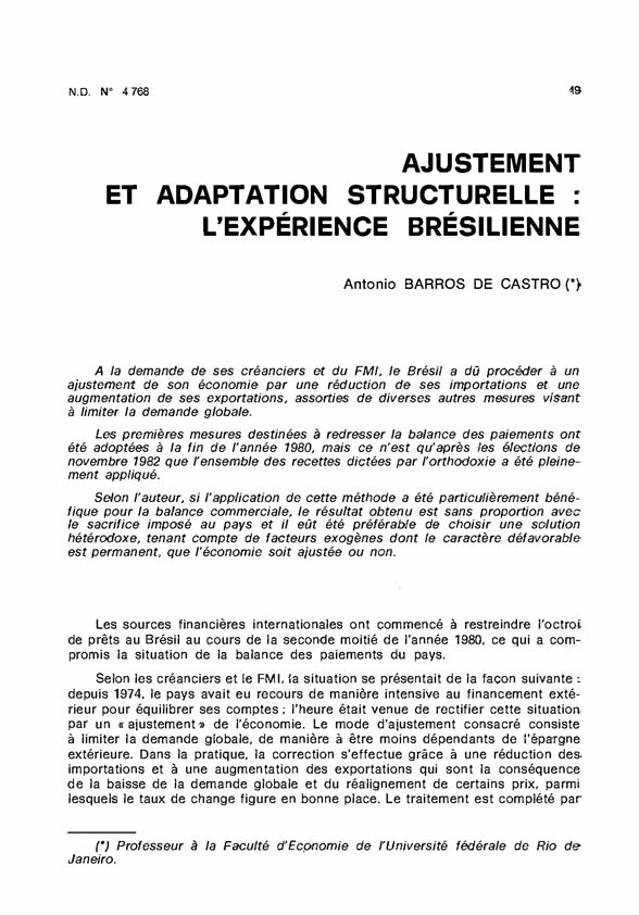 Ajustement et adaptation structurelle: l’expérience brésillienne – Antonio Barros de Castro