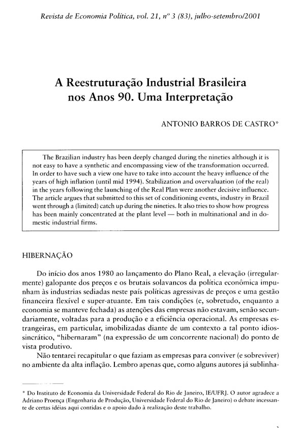 A Reestruturação Industrial Brasileira nos Anos 90: uma Interpretação – Antonio Barros de Castro