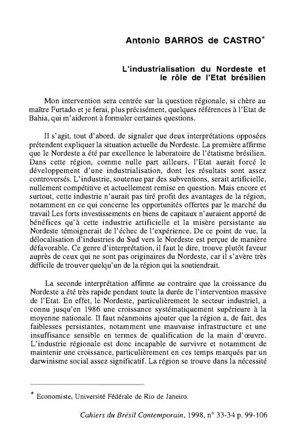 L’industrialisation du Nordeste et le rôle de l'Etat brésilien – Antonio Barros de Castro